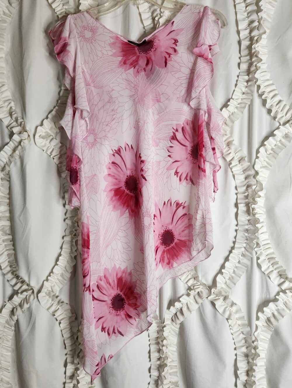 One Heart Y2K Light Pink Asymmetric Hem Floral Sheer Top Sz S/M